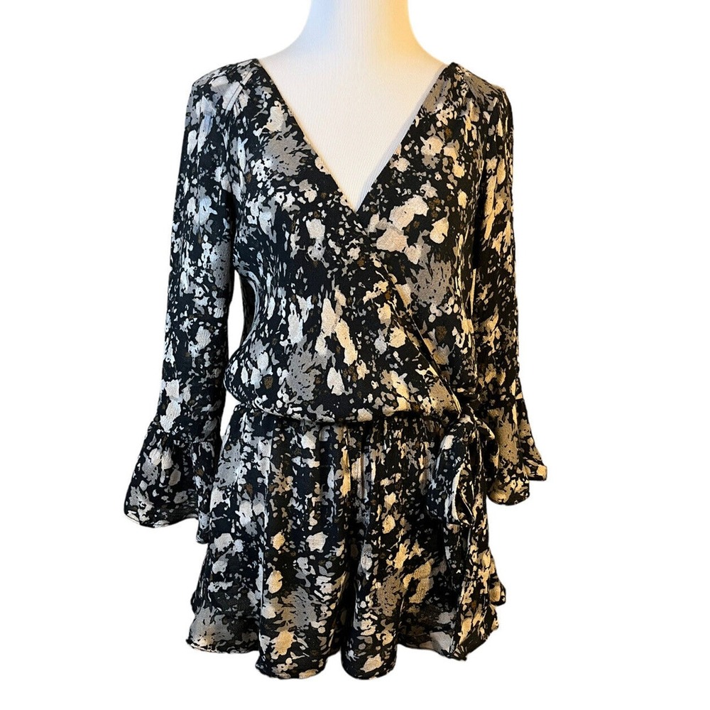 Free People All The Right Ruffles Romper Womens XS S Floral Wrap Boho Black
